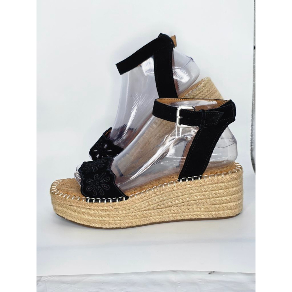Crown Vintage Black Beige Espadrille Wedge Sandals Women’s Size 8M - Picture 2 of 6